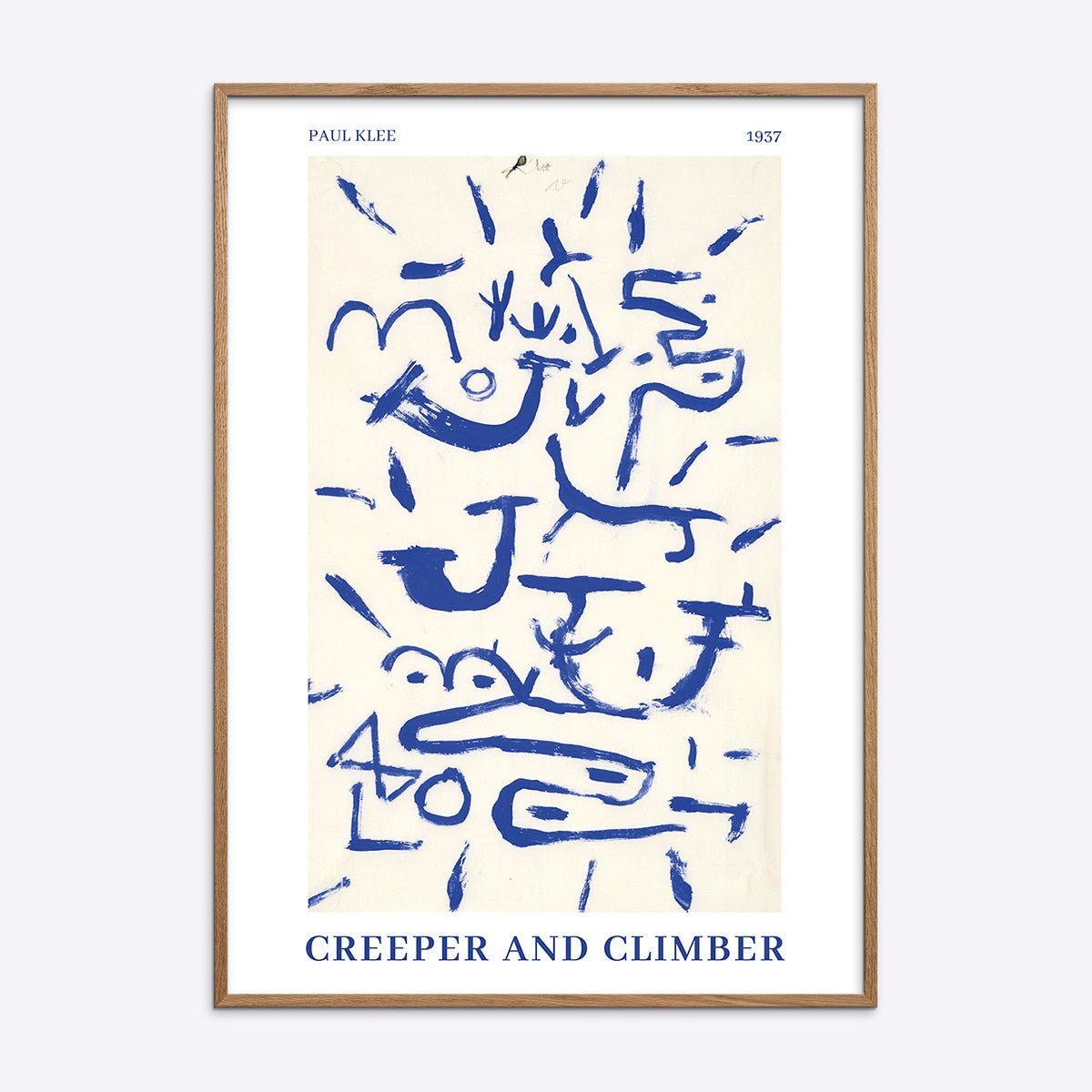 Plakat med Paul Klee's Creeper and Climber, farverig abstrakt kunst i naturlig træramme, ideel til moderne indretning.