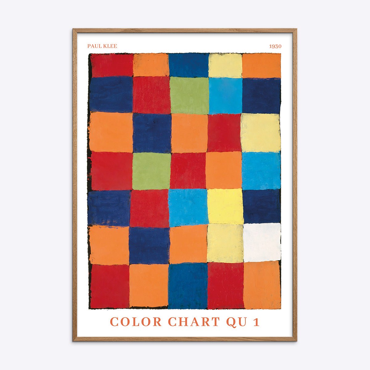 Paul Klee Qu 1 plakat med farverige abstrakte firkanter i en ramme af naturligt egetræ.
