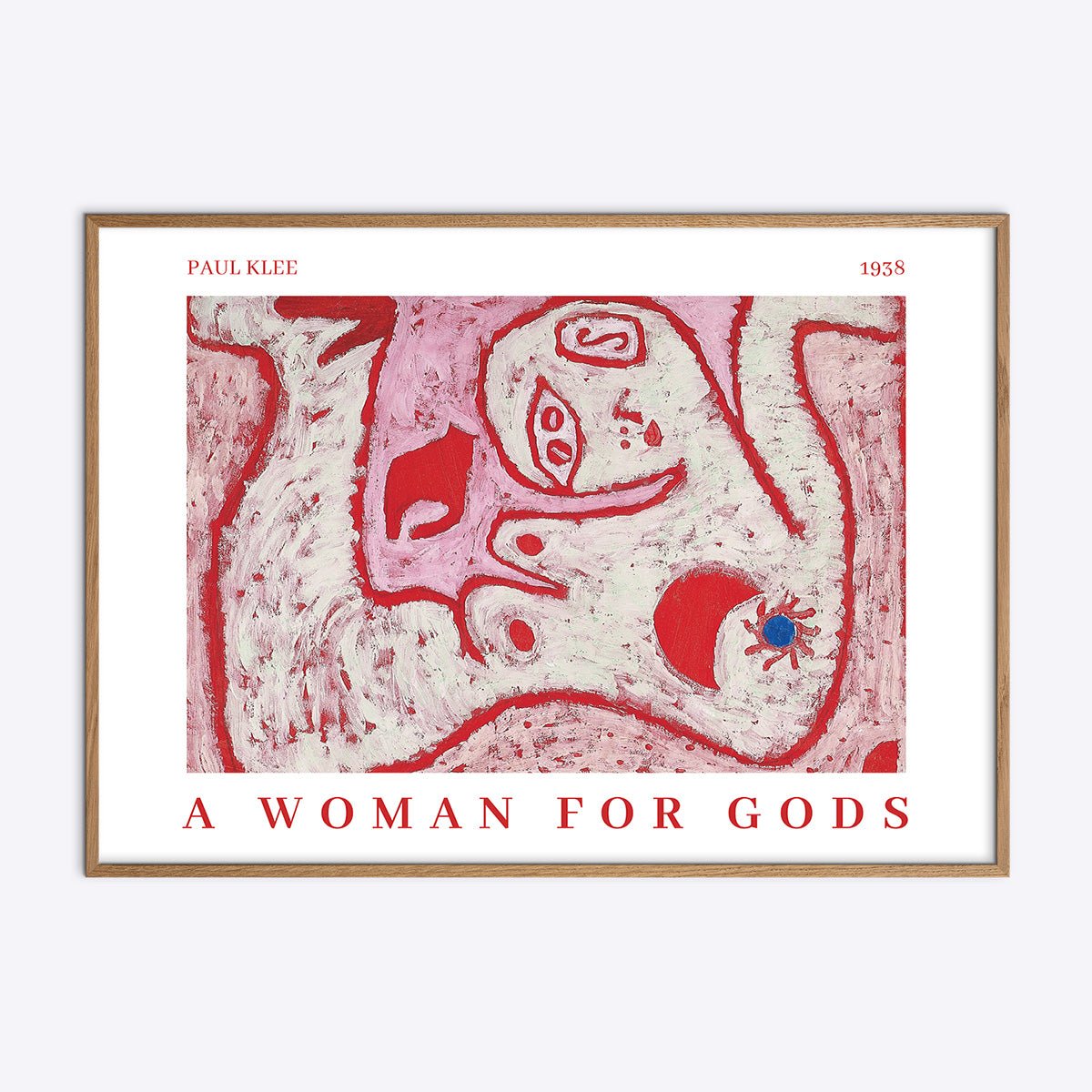 Plakat af Paul Klee med motivet "A Woman for Gods" i naturlig træramme, tilgængelig på Shopify.