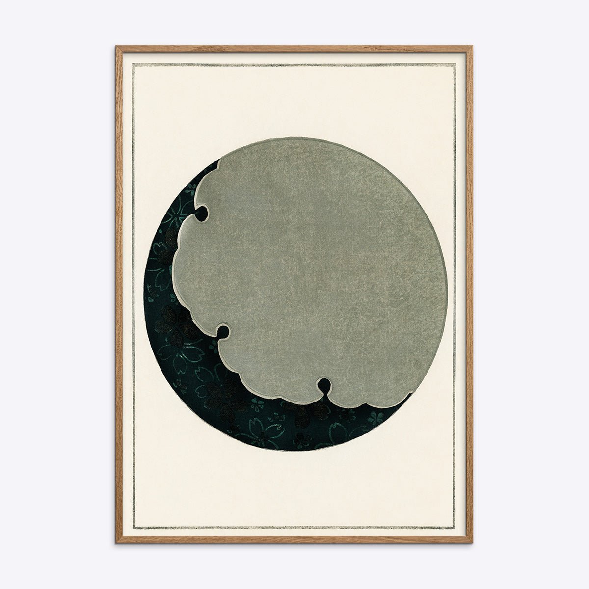 Plakat med kunstnerisk månemotiv i naturlig egetræsramme fra Shin Bijutsukai, perfekt til moderne indretning.