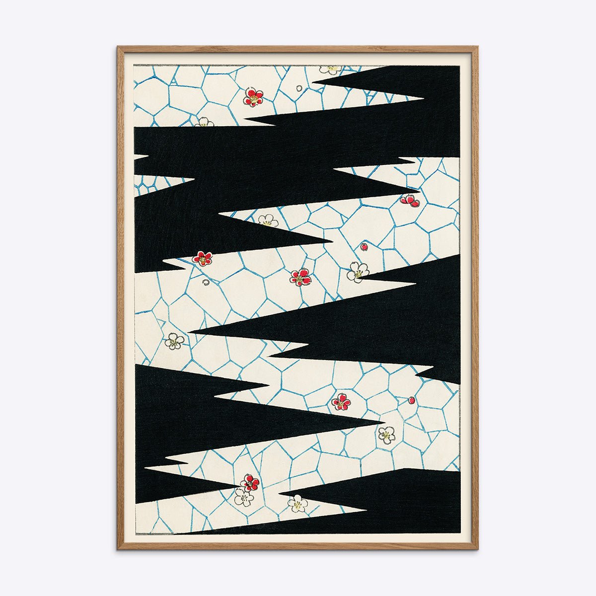 Shin Bijutsukai Flowers plakat med grafisk mønster i en naturlig egetræsramme fra Poster Society.