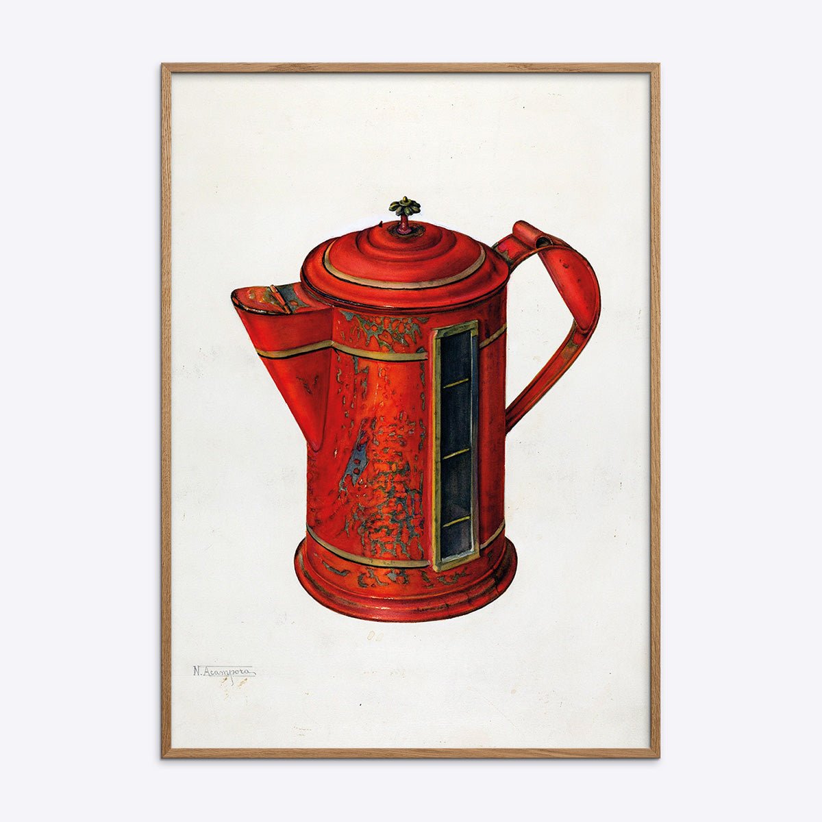Plakat med Tolware kaffekande i naturlig træramme, elegant design til køkkenindretning, perfekt til kaffeelskere.