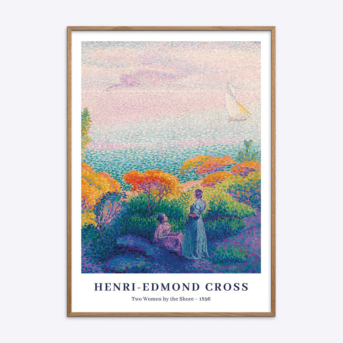 Henri-Edmond Cross plakat Two Women by the Shore i en naturlig egetræsramme.