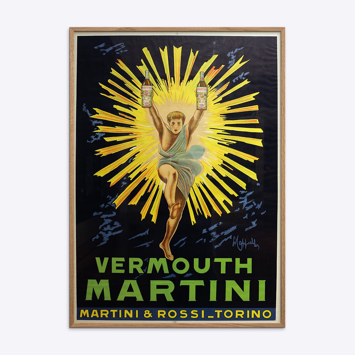 Plakat af Leonetto Cappiello med Vermouth Martini motiv i naturtræsramme, ideel til vintage kunstelskere.