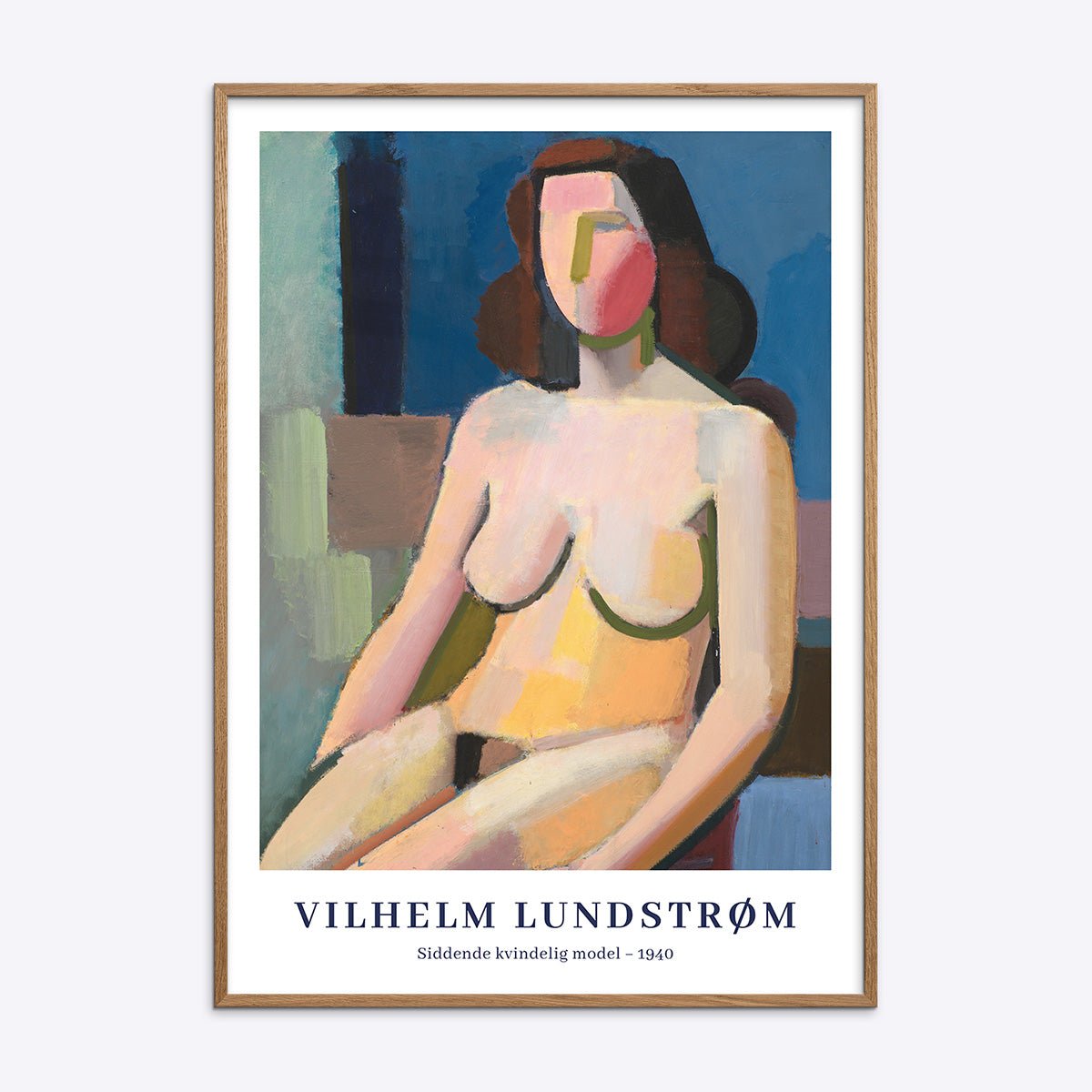 Plakat af Vilhelm Lundstrøm med titlen "Siddende kvindelig model - 1940" i en naturlig træramme.