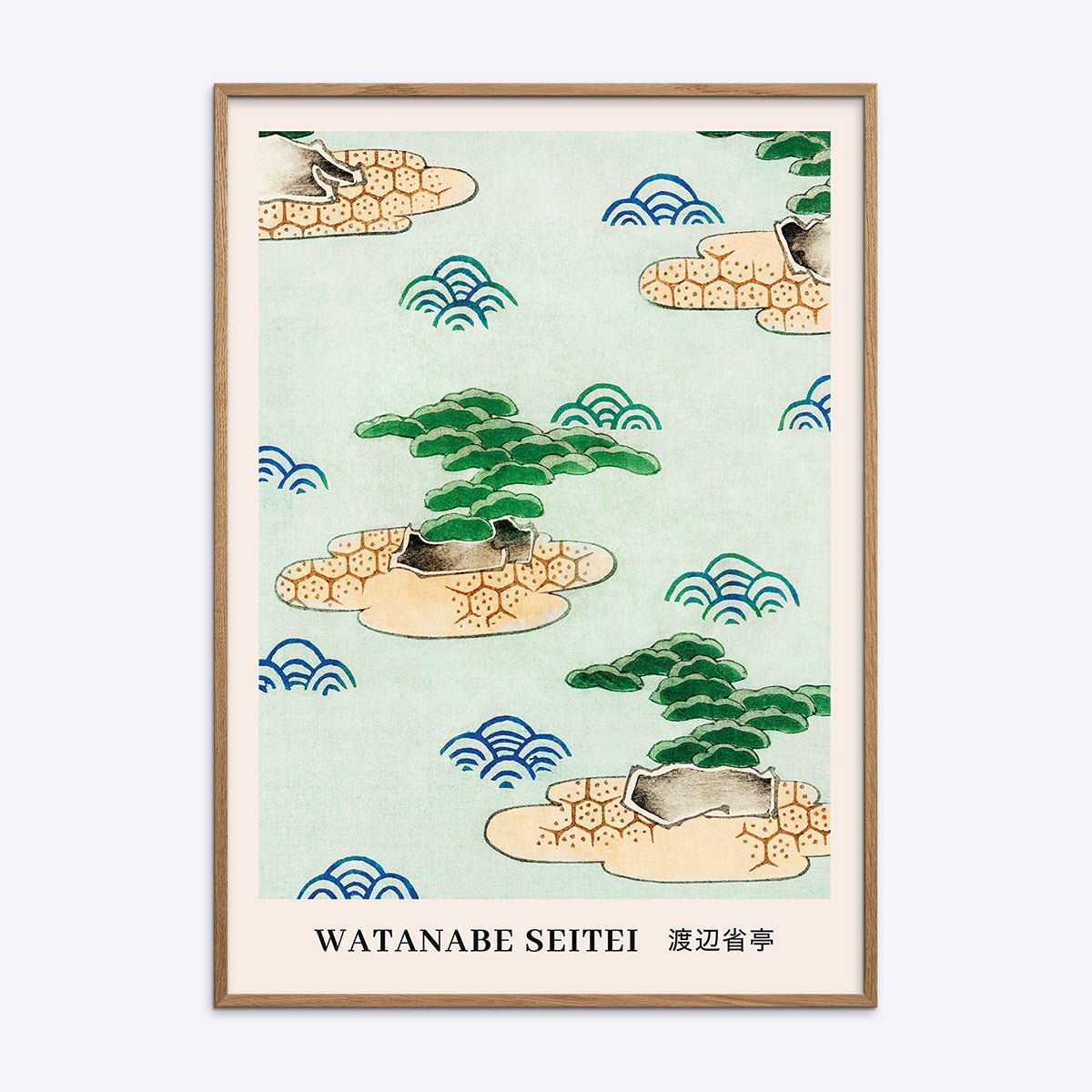 Watanabe Seitei Landscape plakat med japanske træer og bølger indrammet i en naturlig egetræsramme.