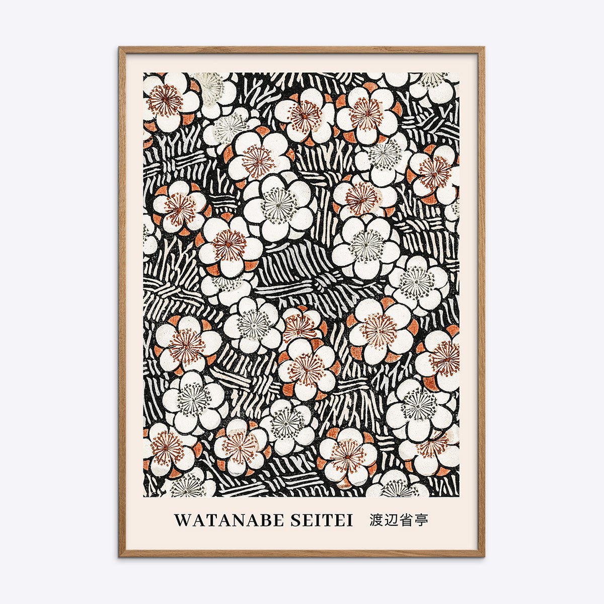Watanabe Seitei plakat med japansk blomstermønster indrammet i en klassisk egetræsramme.