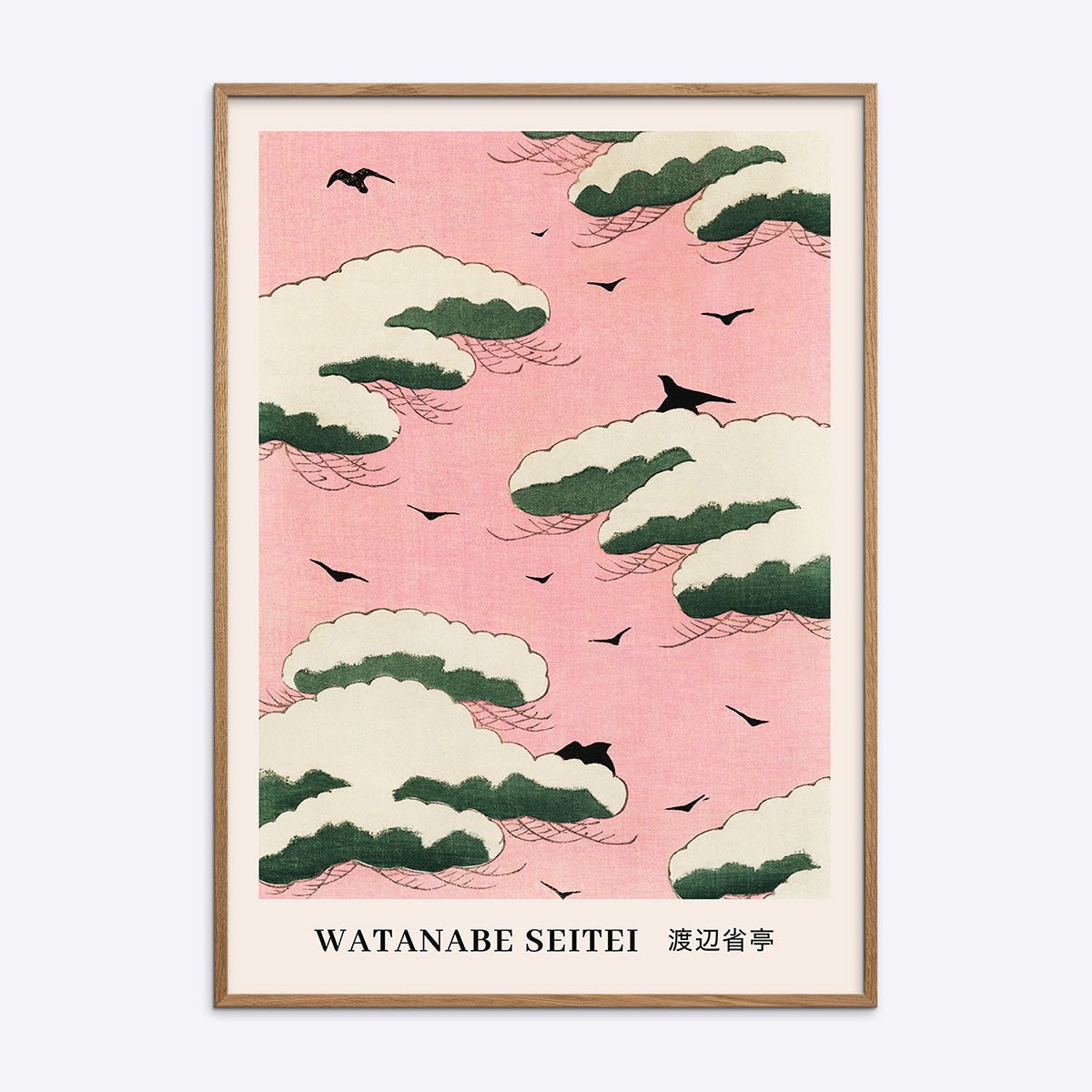 Watanabe Seitei Pink Sky plakat med japansk motiv indrammet i en naturlig egetræsramme.