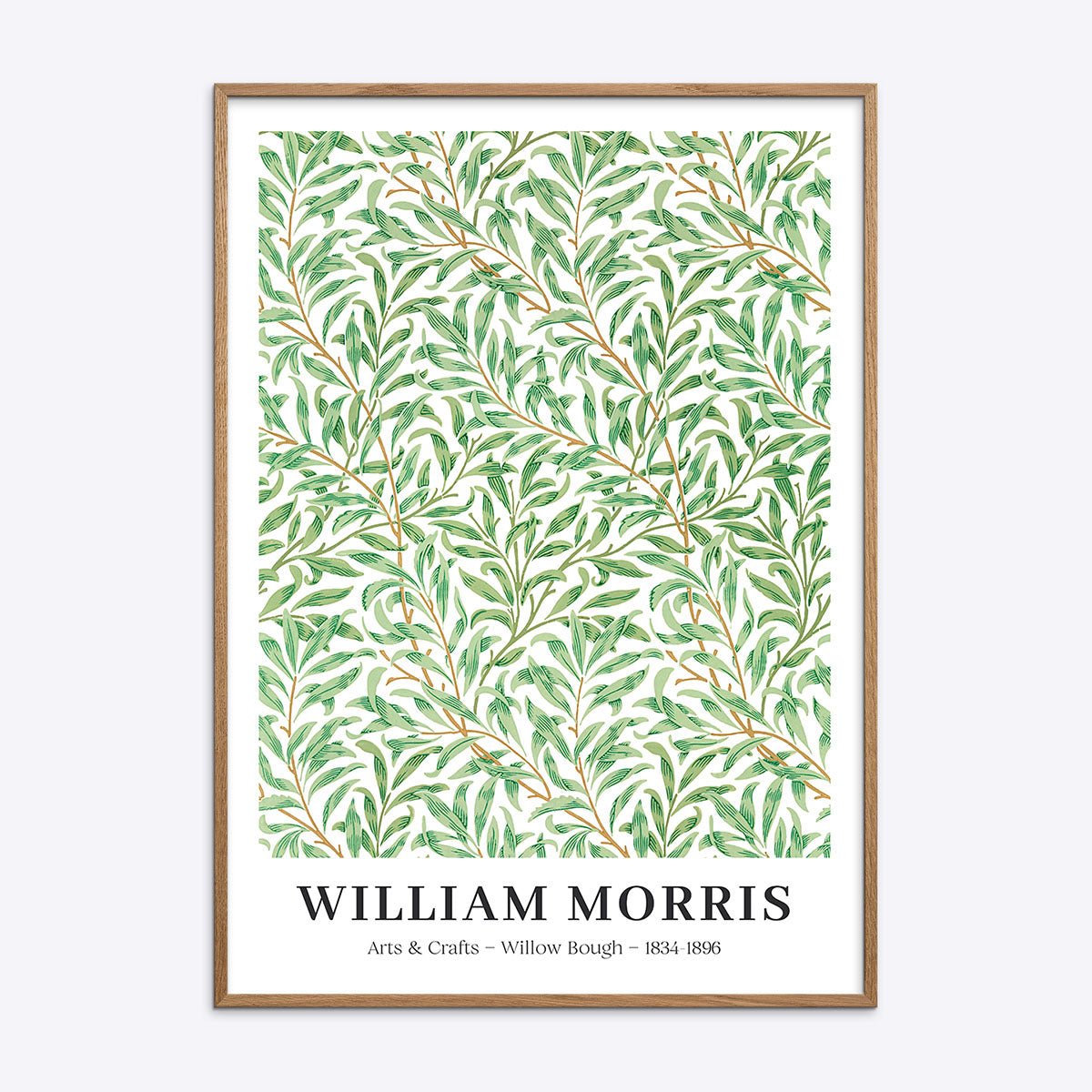 Plakat med William Morris' "Willow Bough" design, indrammet i naturlig træramme.