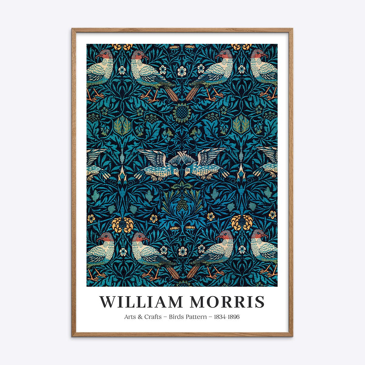 Farverig William Morris plakat med mønster af fugle og blade i natur træramme.