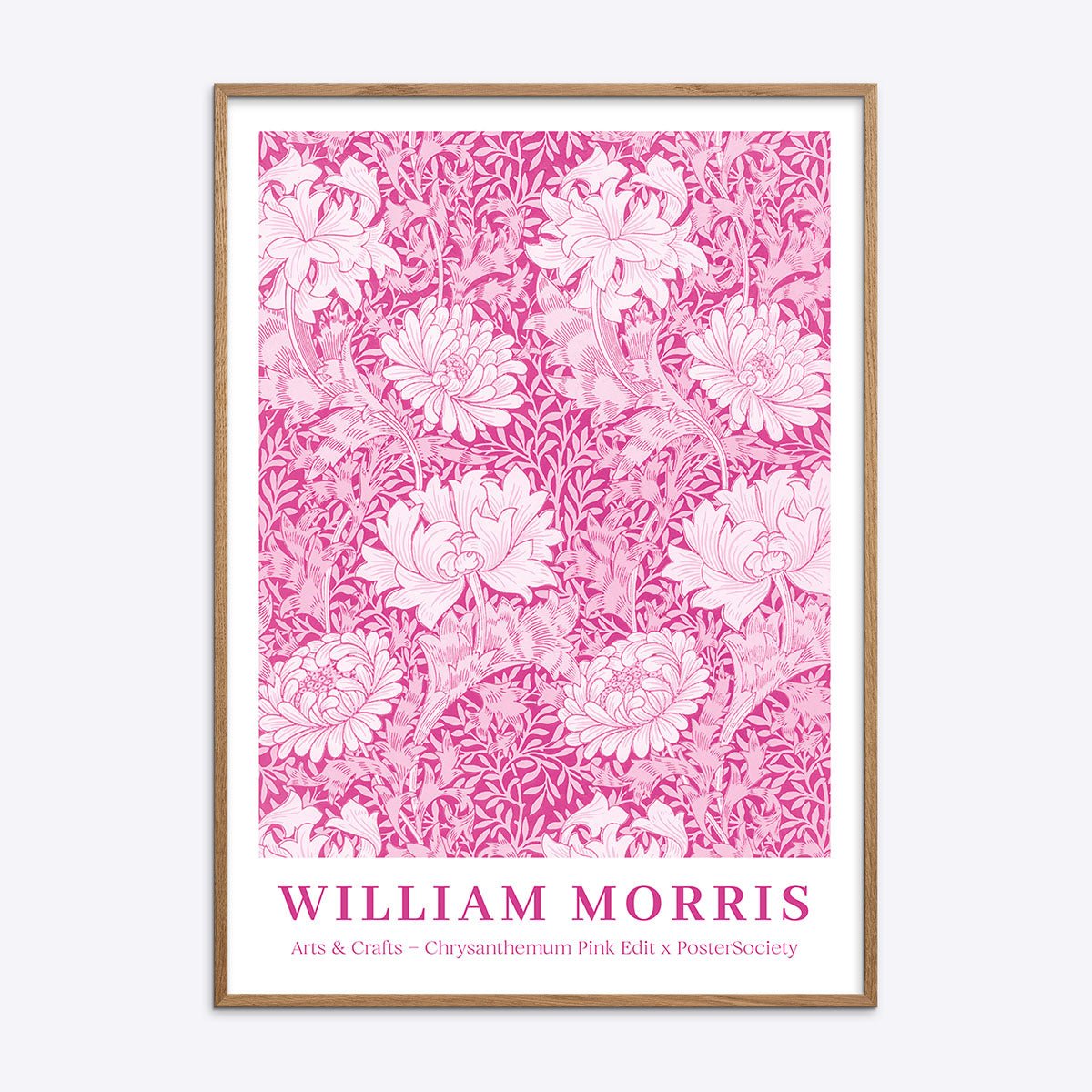 William Morris plakat med lyserødt krysantemum design i egetræsramme.