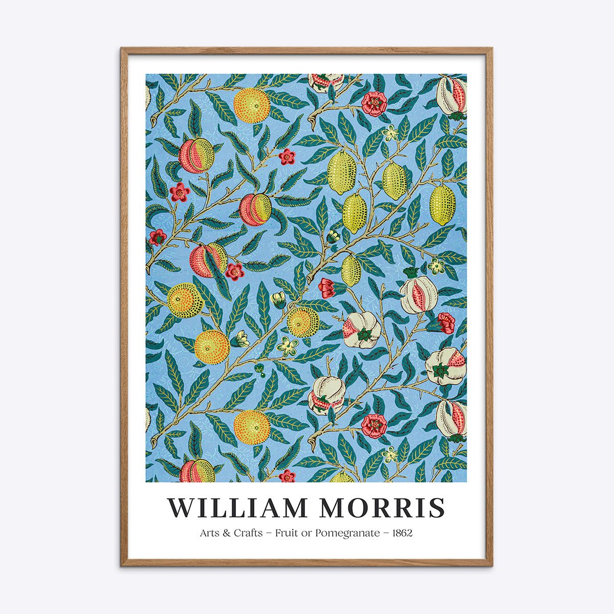 William Morris plakat med frugt- og granatæblemotiv, indrammet i naturtræsramme.