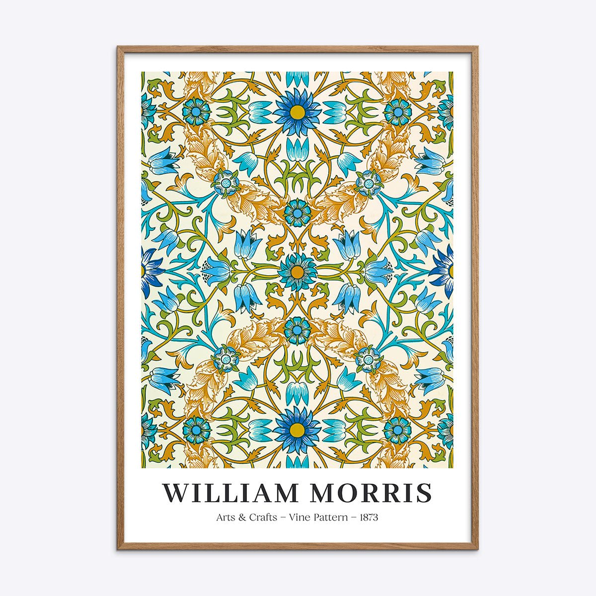William Morris Vine-plakat i naturlig ramme med blåt og gult blomstermønster.
