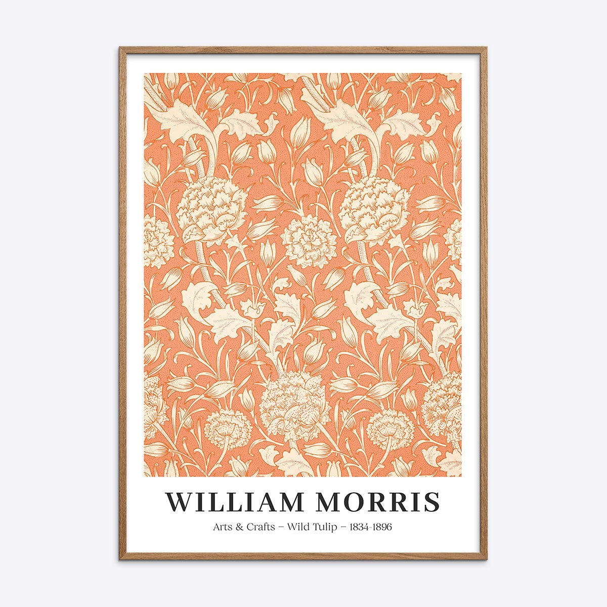 William Morris plakat med titlen "Wild Tulip" i en naturtræsramme.