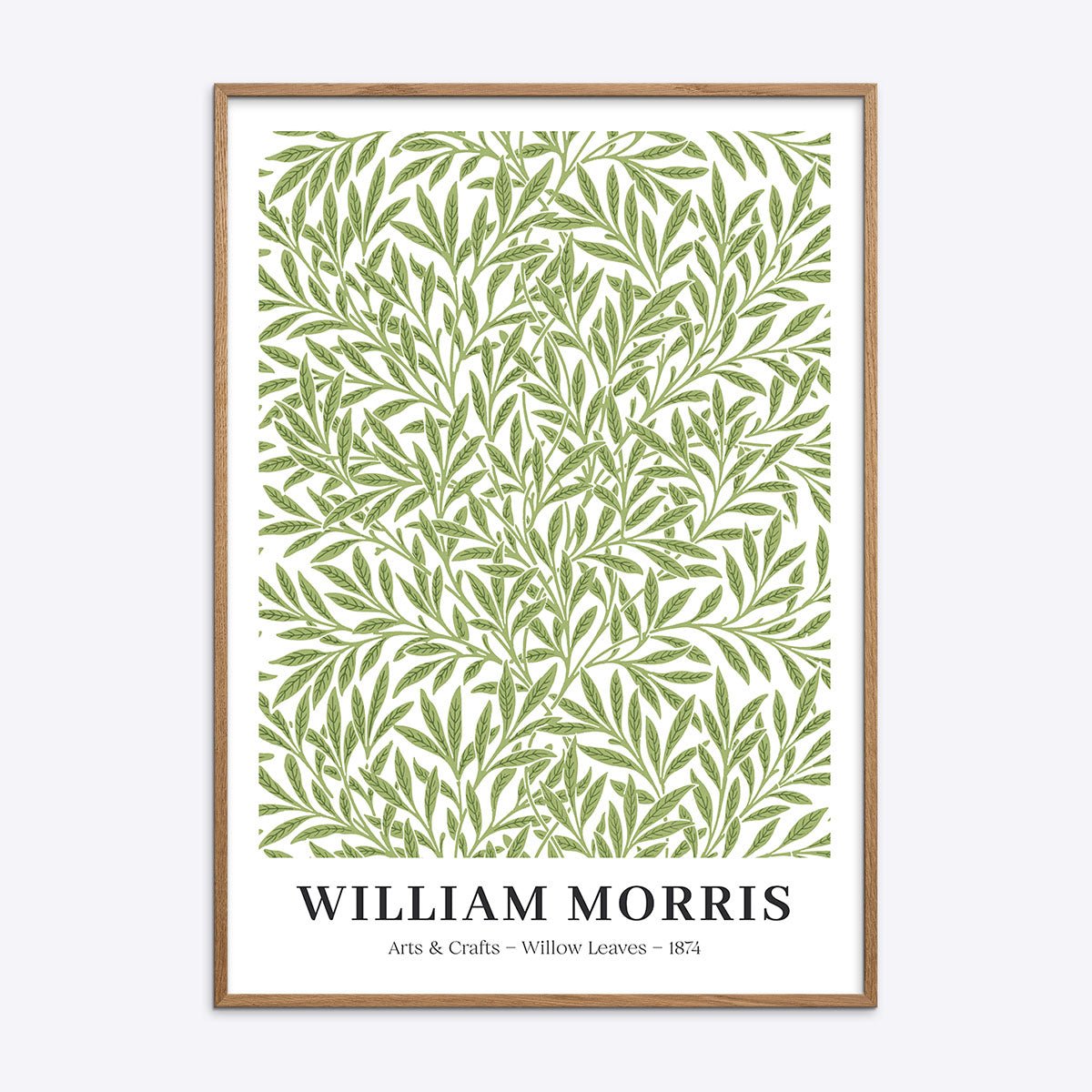 Plakat med grønne pileblade af William Morris, Arts & Crafts-stil, 1874, i en naturlig træramme.