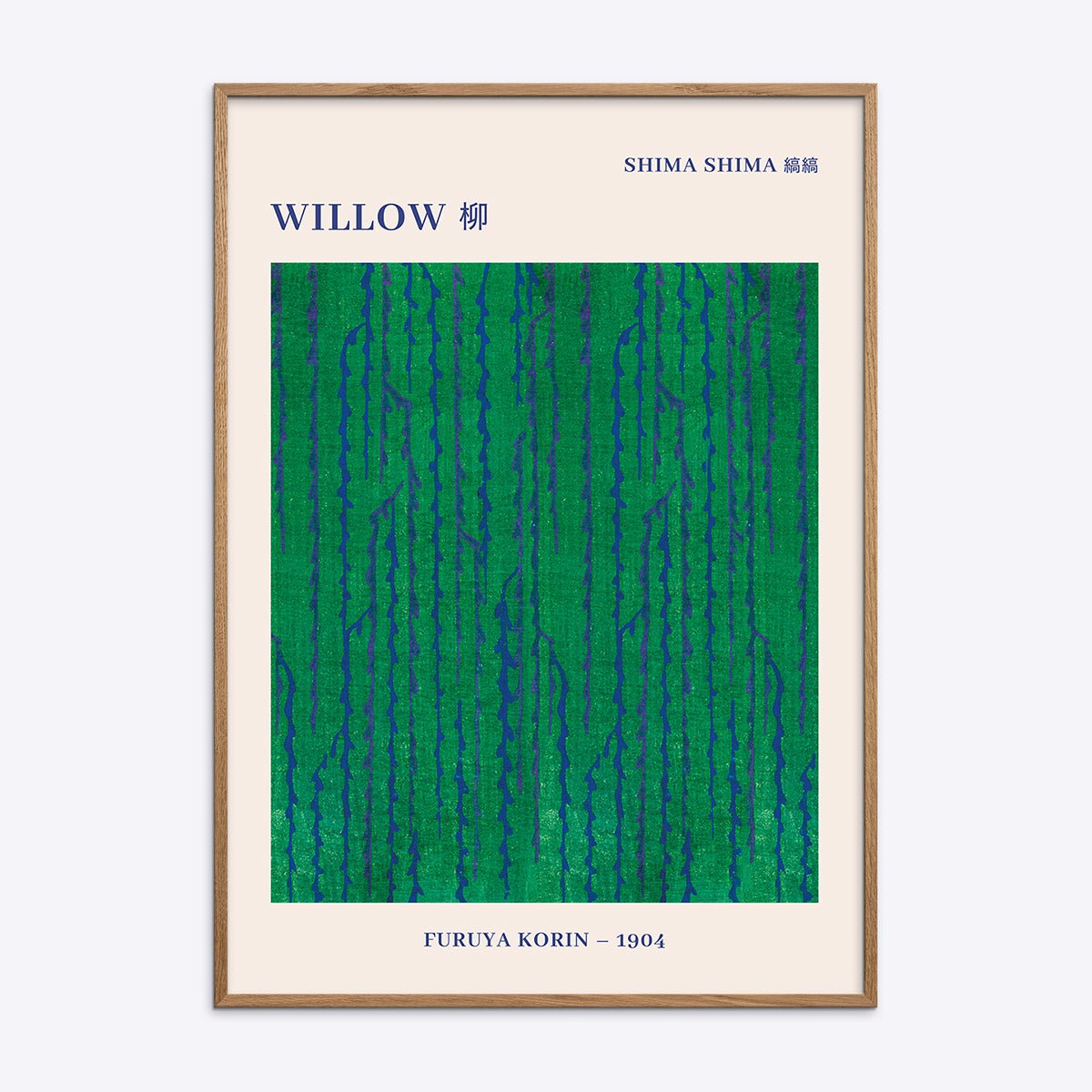 Japansk kunstplakat Willow af Furuya Korin indrammet i en naturlig egetræsramme.