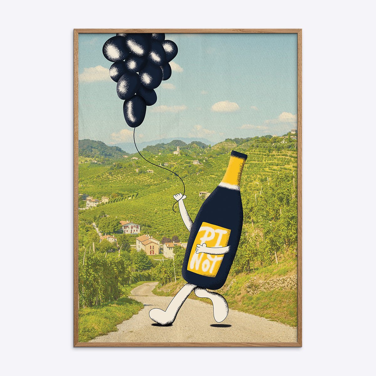 Kunstplakat "Pinot Noir Wine Dude" af vinflaskefigur med drueballoner i vinlandskab.