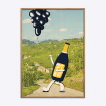 Kunstplakat "Pinot Noir Wine Dude" af vinflaskefigur med drueballoner i vinlandskab.