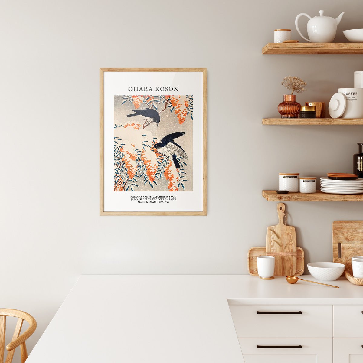 Plakat Ohara Koson Nandina and Flycatchers i køkken med træramme