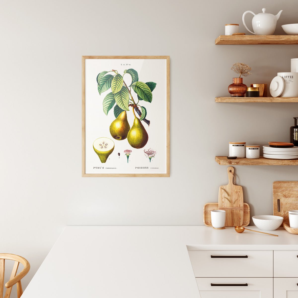 Botanisk Pyrus Communis plakat i egetræsramme hængt op i et lyst og moderne køkken.