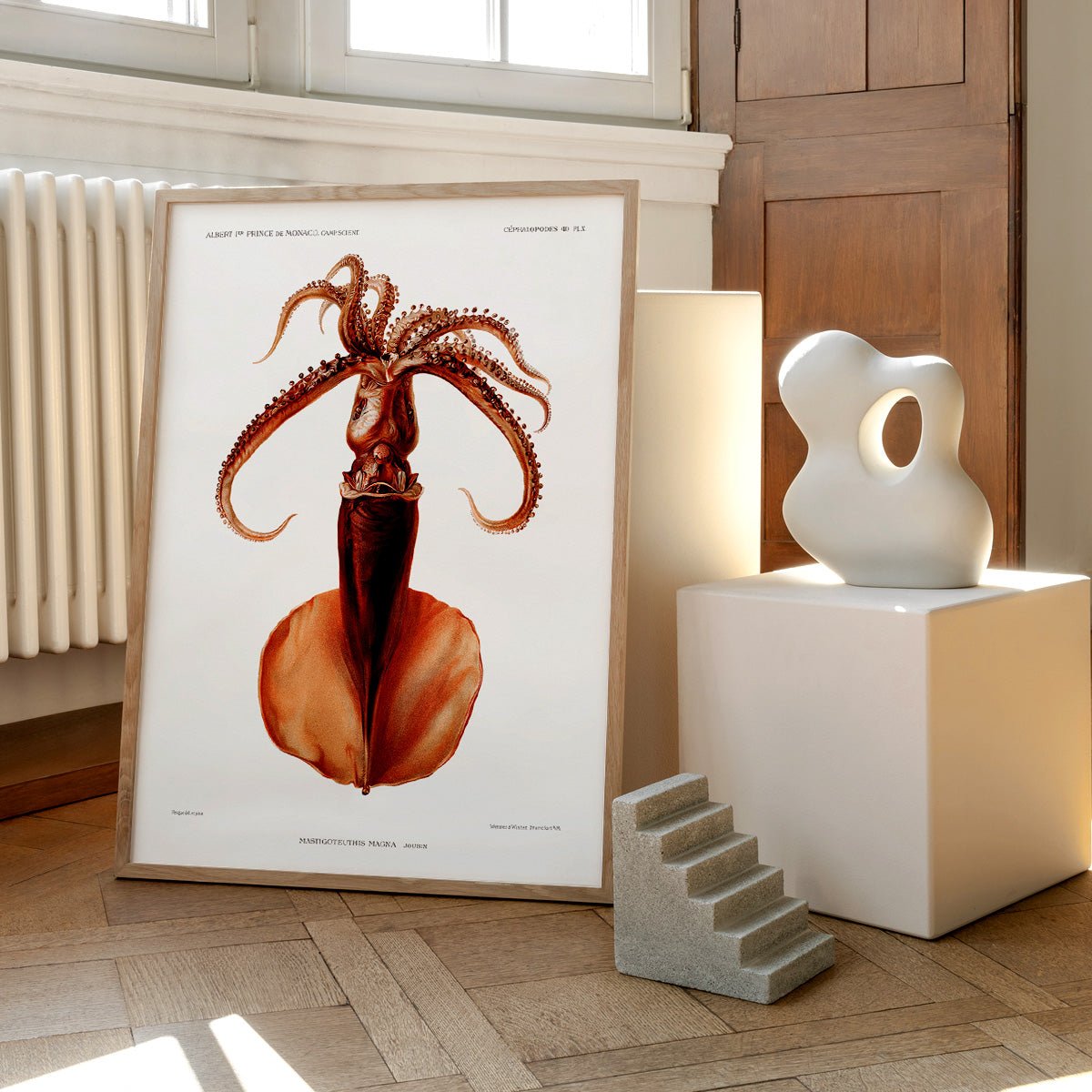 Mastigoteuthis Magna blæksprutte plakat i egetræsramme på gulvet i en moderne stue.