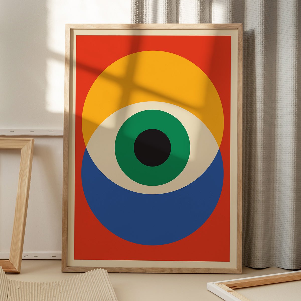 Bauhaus plakat med geometriske former og skygger fra vindue på gulv, moderne kunstdesign til indretning.