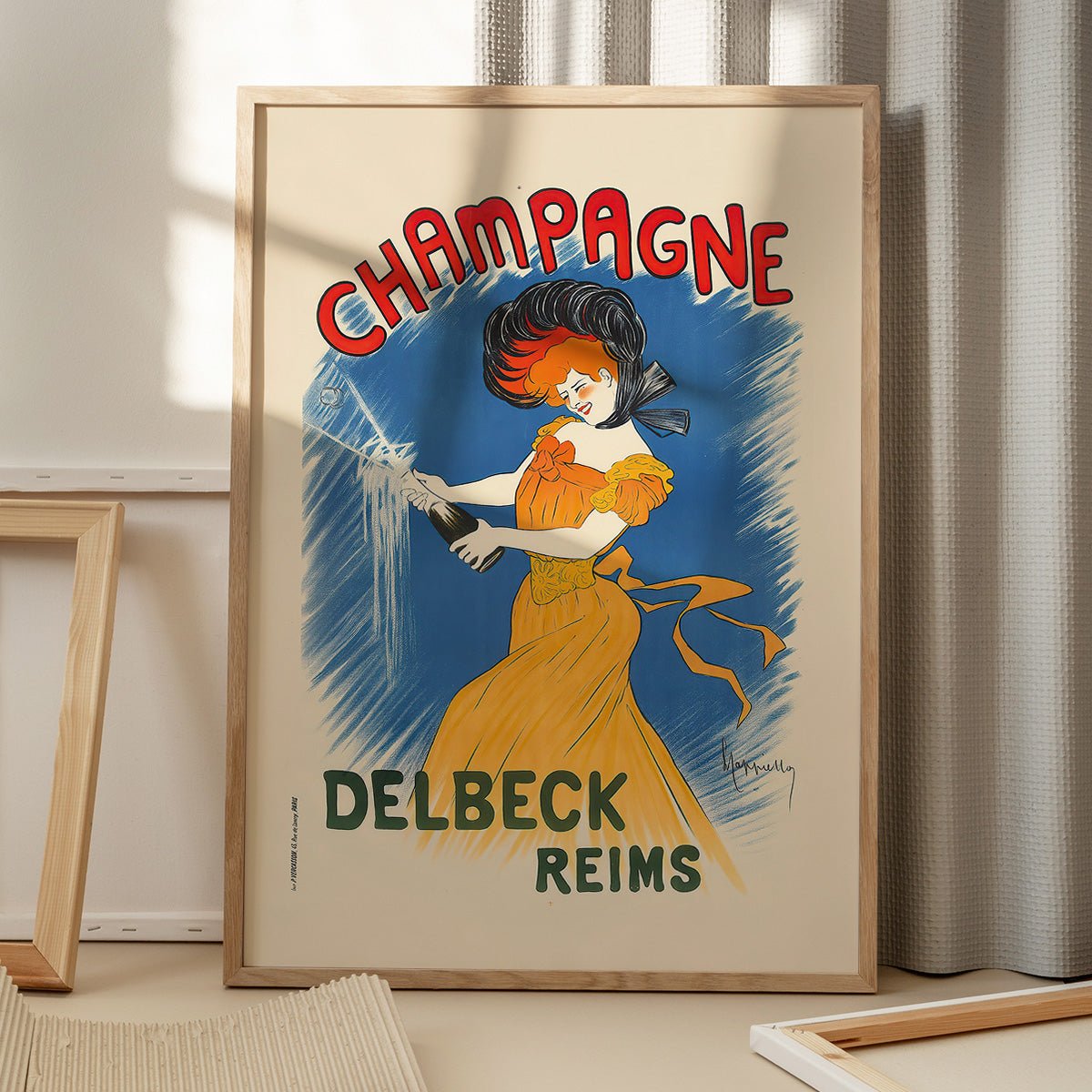 Plakat af Leonetto Cappiello med Champagne Delbeck motiv, elegant opstillet med skyggeeffekt fra vindue.