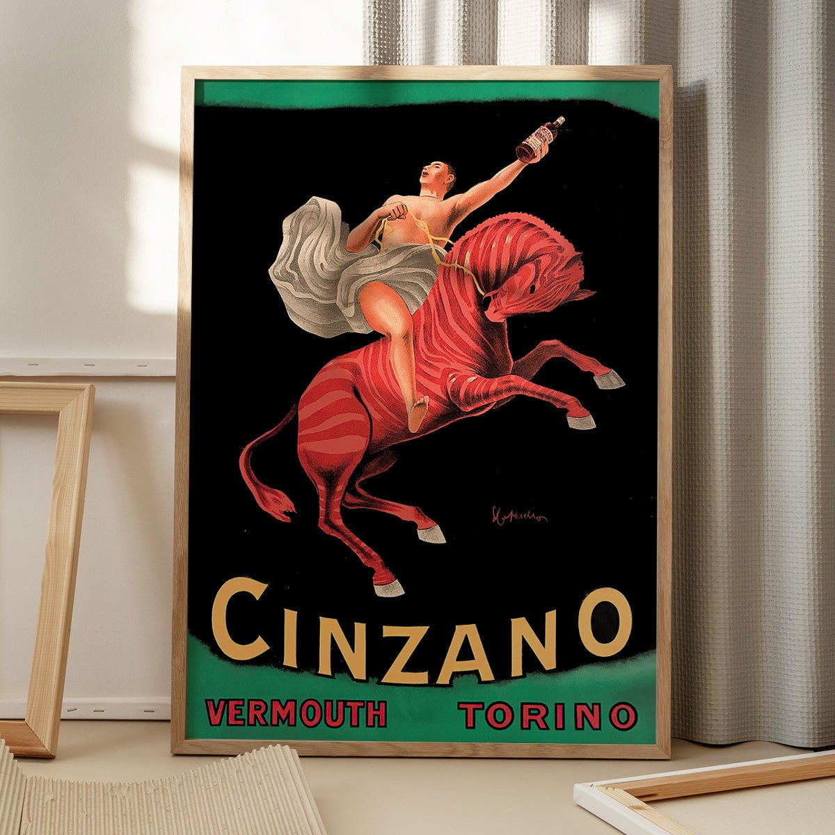 Plakat af Leonetto Cappiello med Cinzano Vermouth Torino motiv, farverig vintage kunst med skyggeeffekt fra vindue
