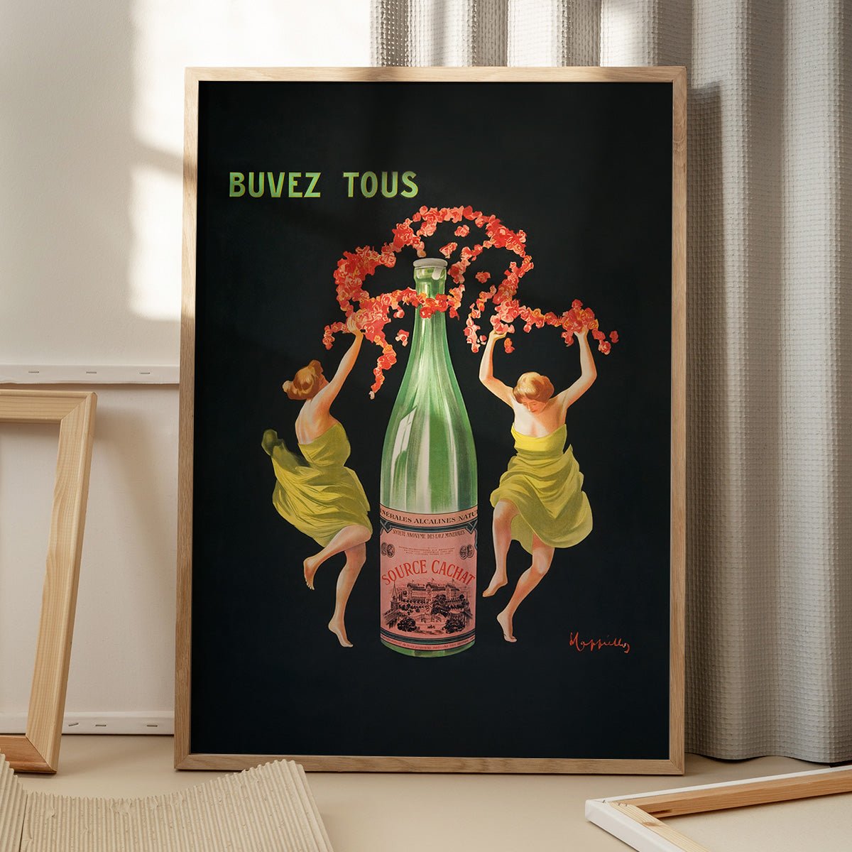 Plakat af Leonetto Cappiello med Evian Cachat-motiv, elegant opstillet med skygger fra vinduet i baggrunden.