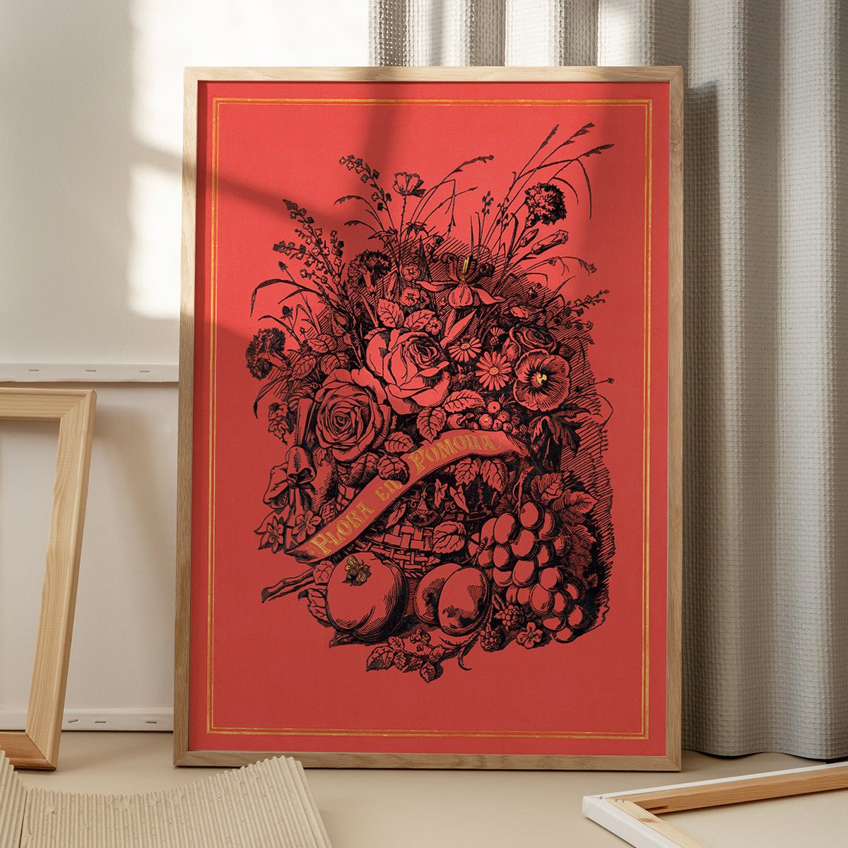 Plakat af Flora en Pomona med naturligt lys og skygger fra vindue, der fremhæver kunstens detaljer.