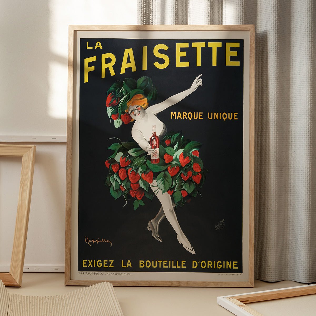 Plakat af Leonetto Cappiello med La Fraisette-motiv, viser en farverig illustration med skygger fra et vindue.