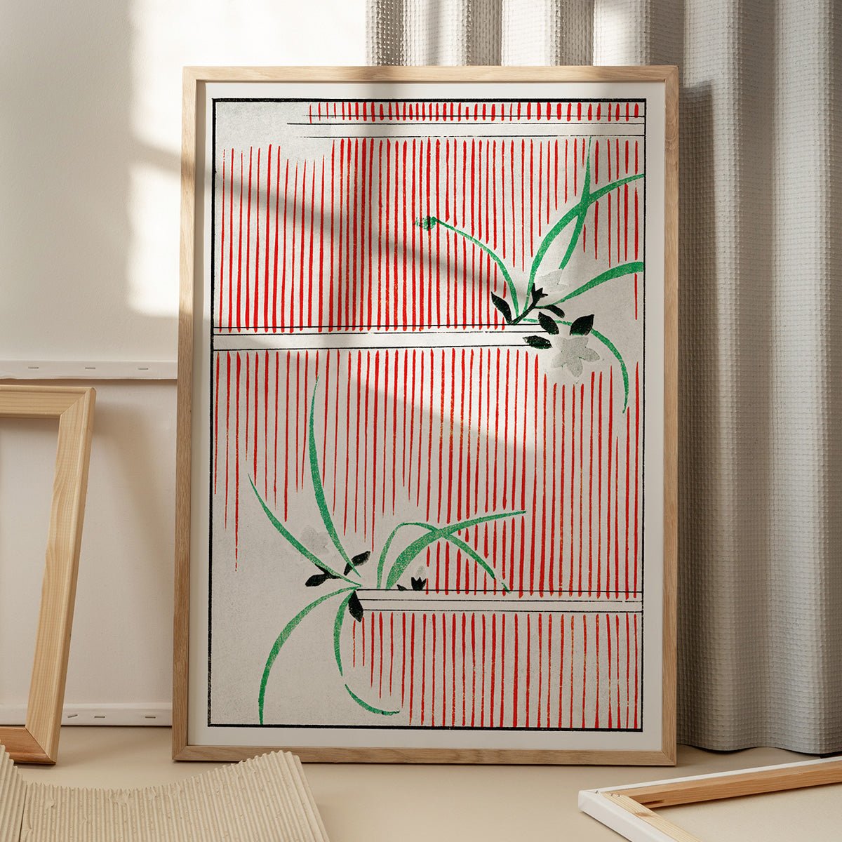 Plakat med Shin Bijutsukai-motiv af morgenfrue, elegant placeret på gulv med vinduesskygge, kunstnerisk og stilfuld.