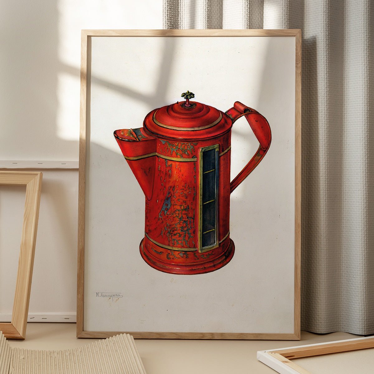 Plakat med Tolware kaffekande på gulv, skygge fra vindue, minimalistisk design, moderne indretning, stilfuld dekoration