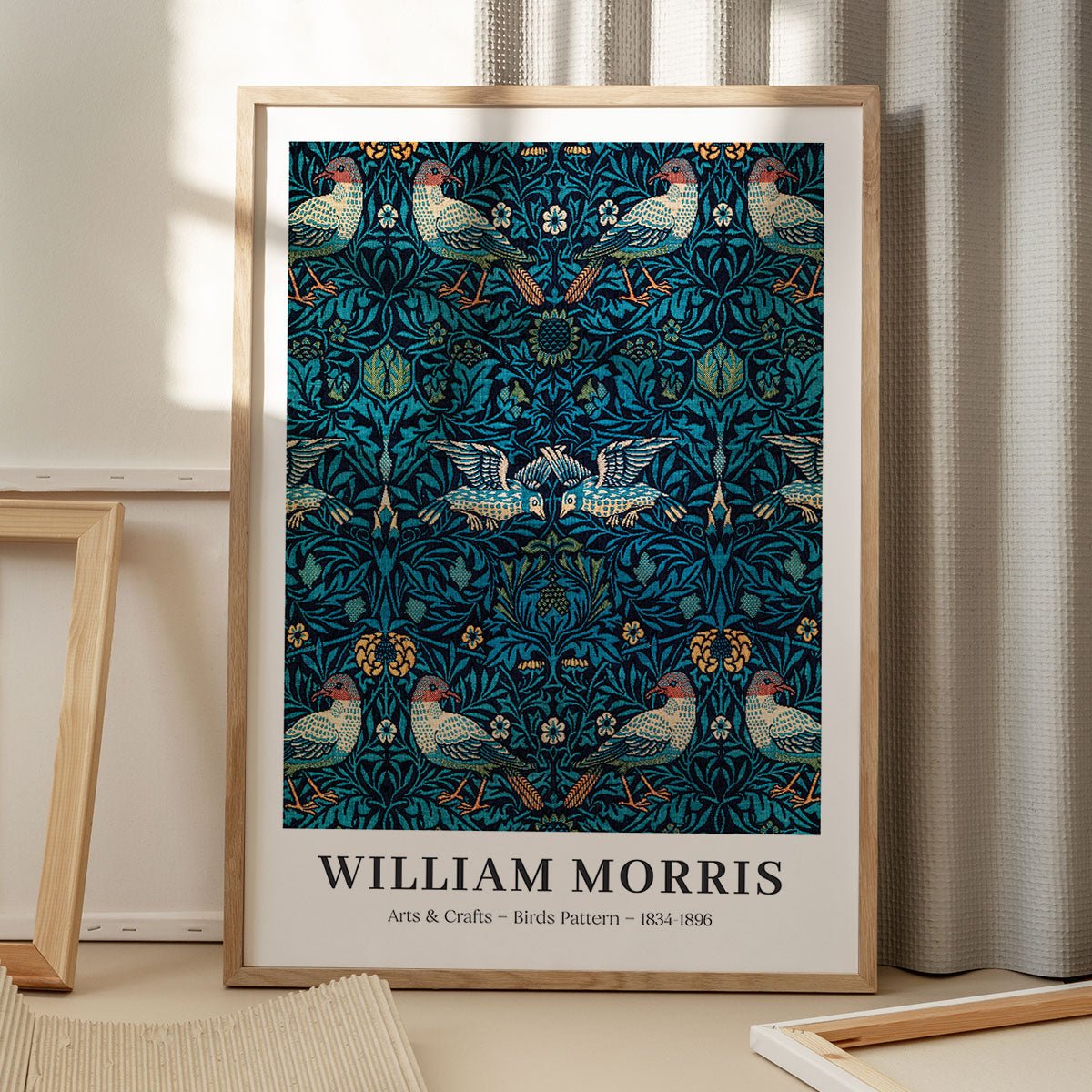 Plakat med William Morris Birds Pattern, i træramme på gulv med skygger.
