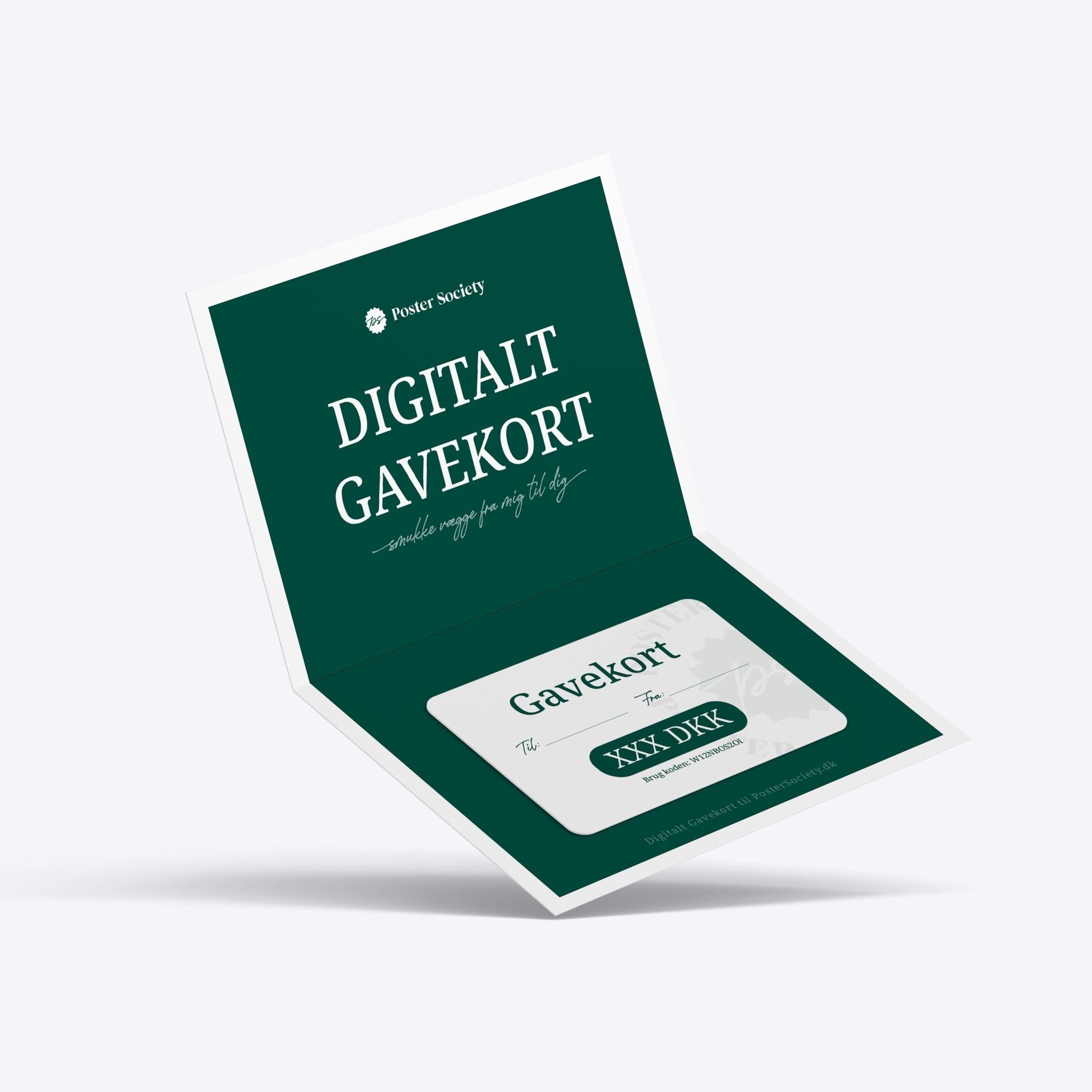 Digitalt gavekort fra Poster Society i en åben konvolut med teksten "Gavekort" og en værdi i DKK.