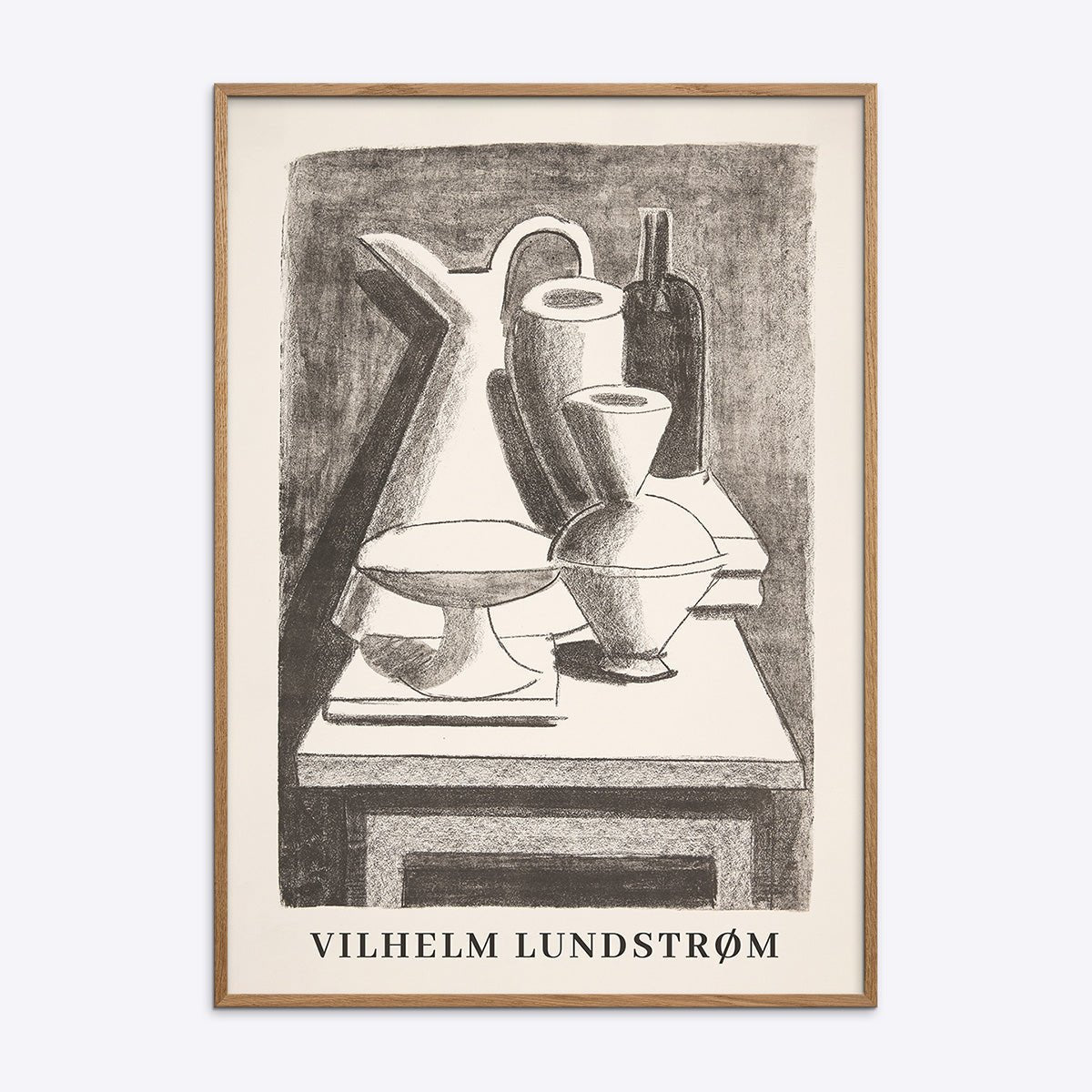 Vilhelm Lundstrøm plakat "Still Life" med kande, flaske og skåle i egetræsramme