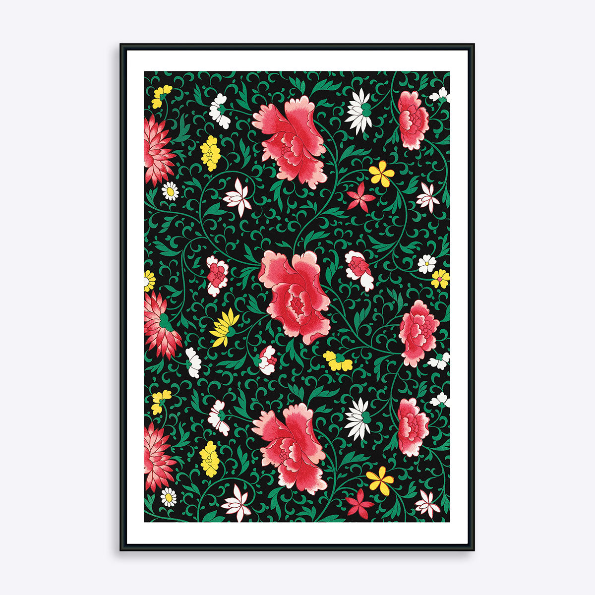 Plakat med hvide, gule og røde blomster