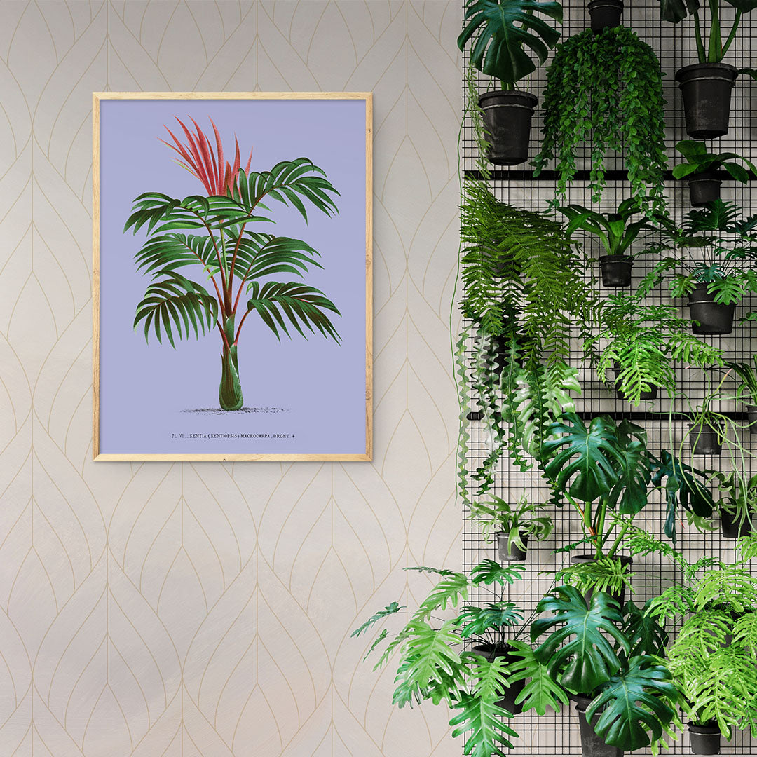 Plakat af palmetræ på lilla baggrund i træramme