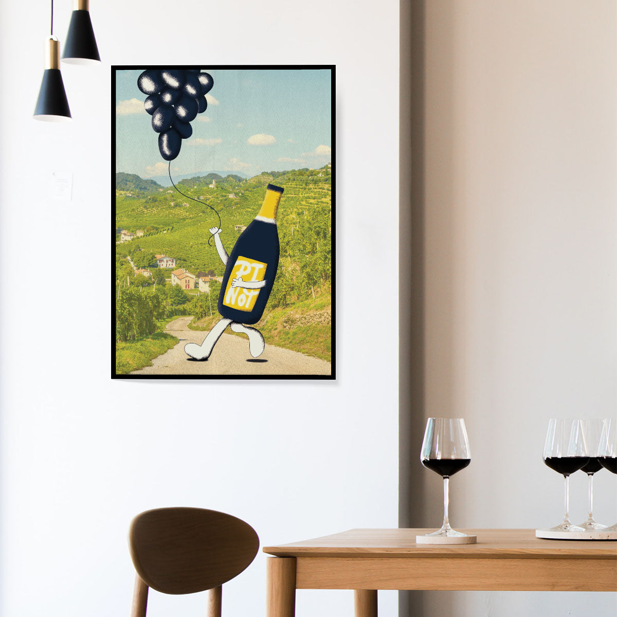 Vin plakat med vinflaske og vindruer